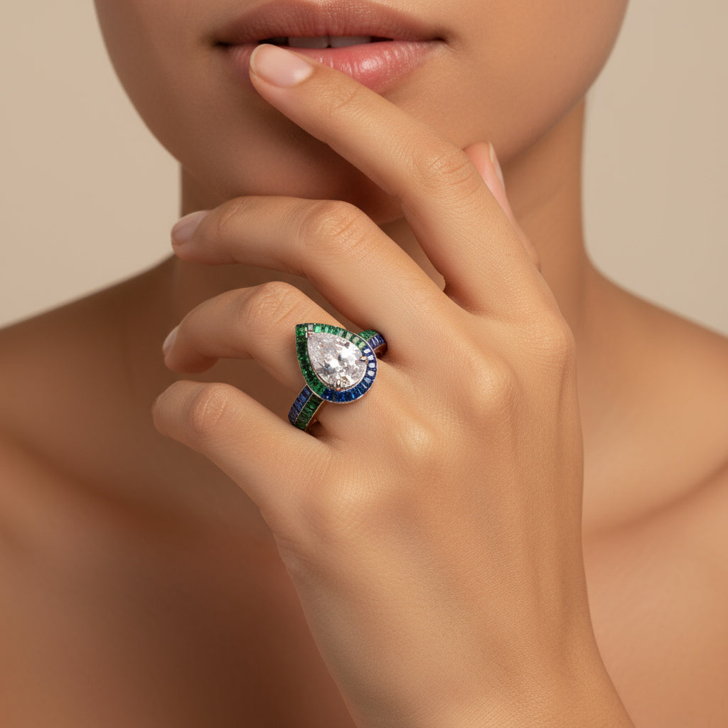 Anillo de Plata .925 Solitario Gota con Zirconias color Verde Esmeralda y Azul Zafiro mod. 1403