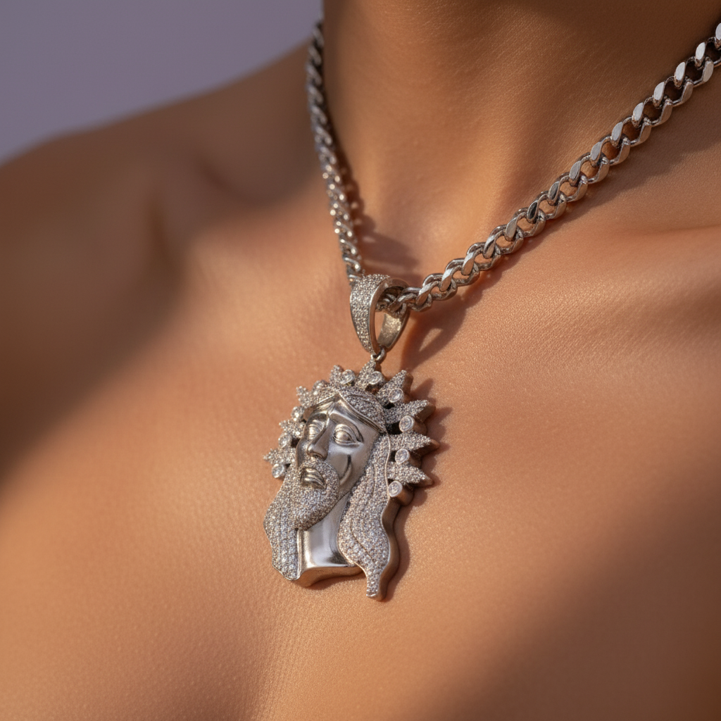 Dije de Plata .925 Especial Divino Rostro Diseño Mate y Brillantes Zirconias mod. 1460