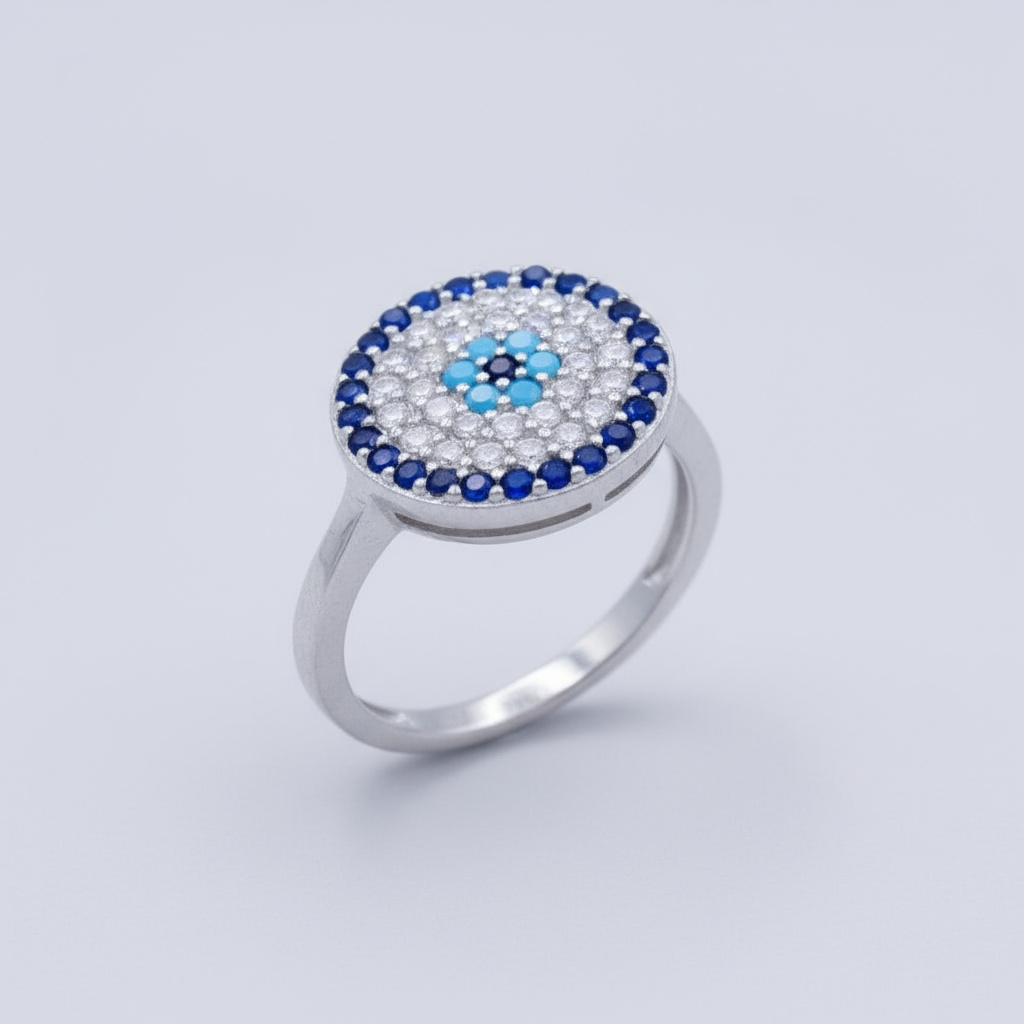 Anillo de Plata .925 con Mandala de Zirconias de Diseño Ojo Turco mod. 1386