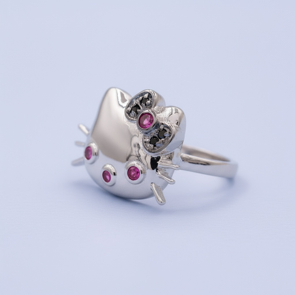 Anillo de Plata .925 Diseño Hello Kitty con Zirconias Brillantes Color Rosa mod. 1396