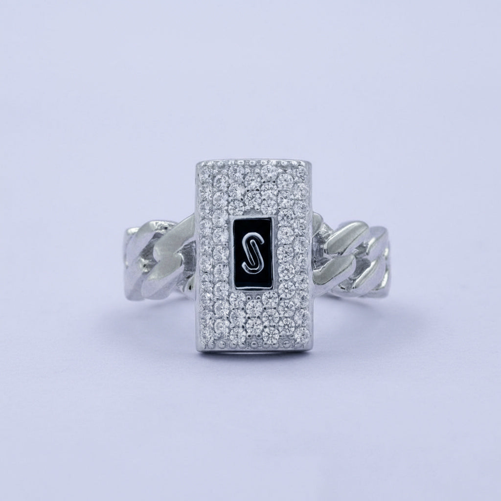 Anillo de Plata .925 Eslabones con Placa de Zirconias Blancas Brillantes mod. 1400