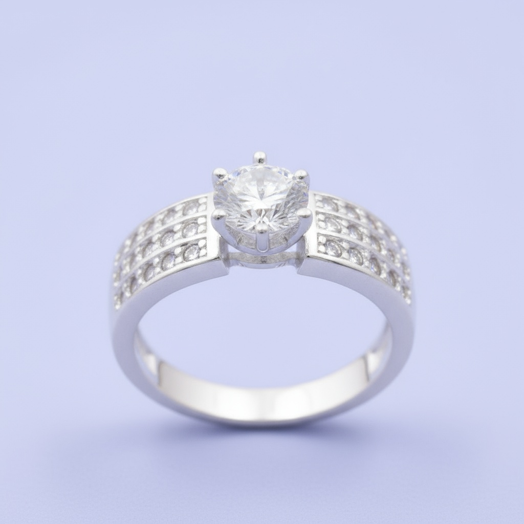 Anillo Solitario de Plata .925 Diseño Grueso Incrustado con Zirconias mod. 1150