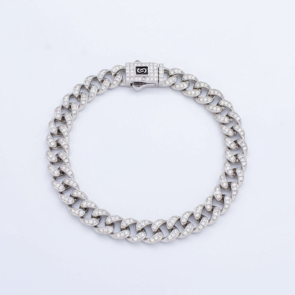 Pulsera de Plata .925 Monaco Chain Hueca de Tejido Cubano Pavé Classic Incrustado de Zirconias mod. 1471