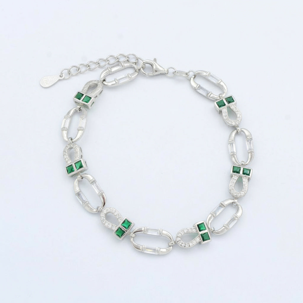 Pulsera de Plata .925 Diseño de Oval con Zirconias en Corte Baguette y Zirconias en Color Verde mod. 1473
