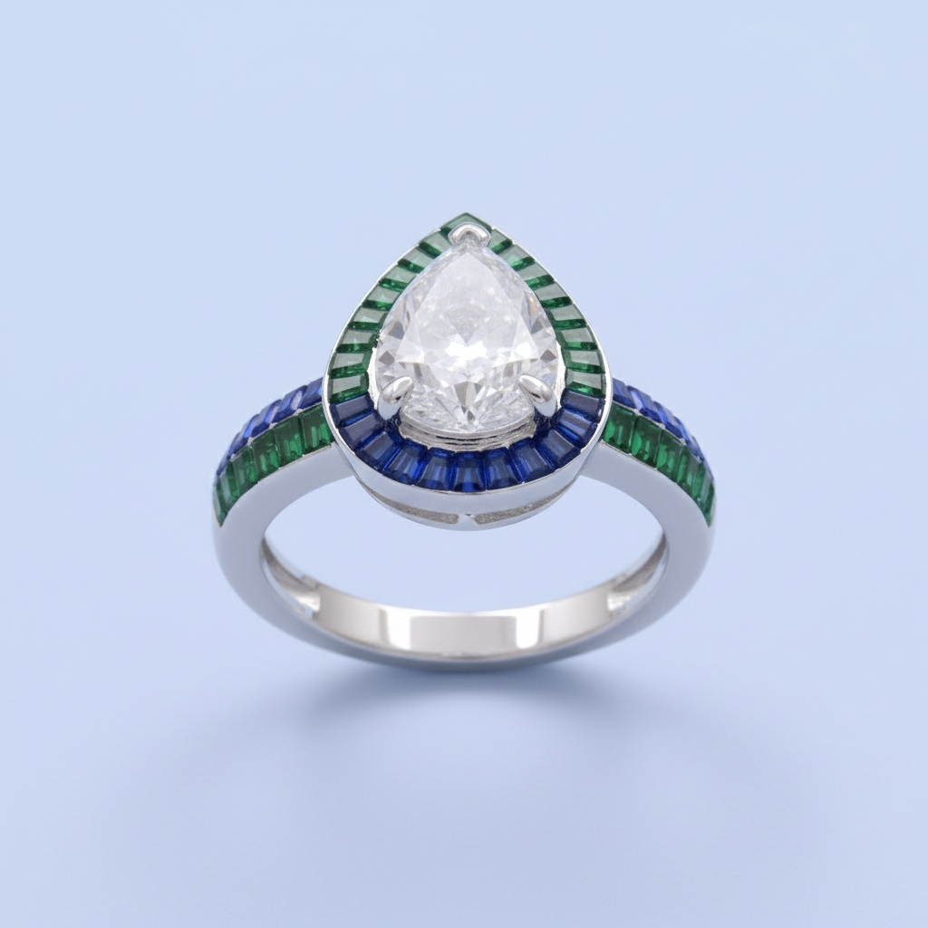 Anillo de Plata .925 Solitario Gota con Zirconias color Verde Esmeralda y Azul Zafiro mod. 1403