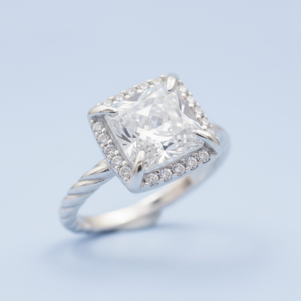 Anillo Solitario de Plata .925 Diseño Cuadrado con Uñas en Pico y Zirconias Brillantes mod. 1147