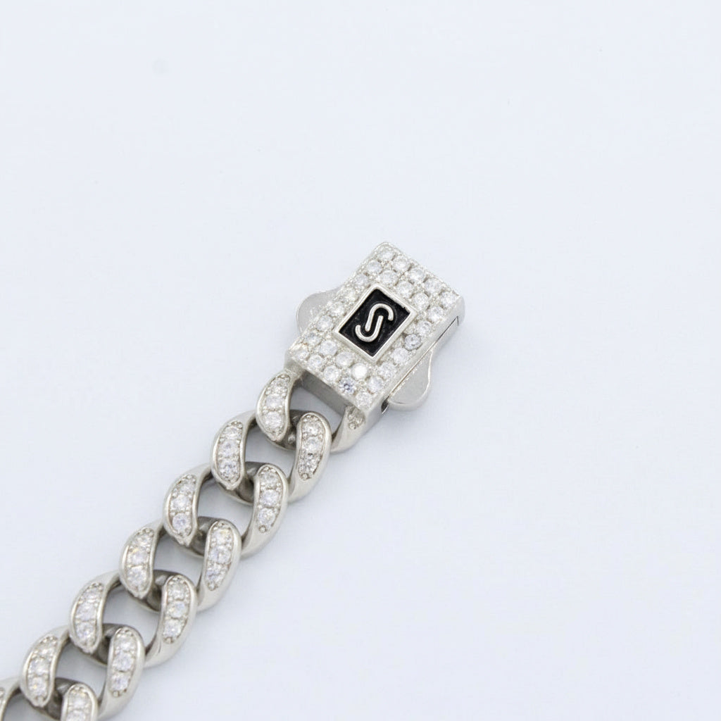 Pulsera de Plata .925 Monaco Chain Hueca de Tejido Cubano Pavé Classic Incrustado de Zirconias mod. 1471