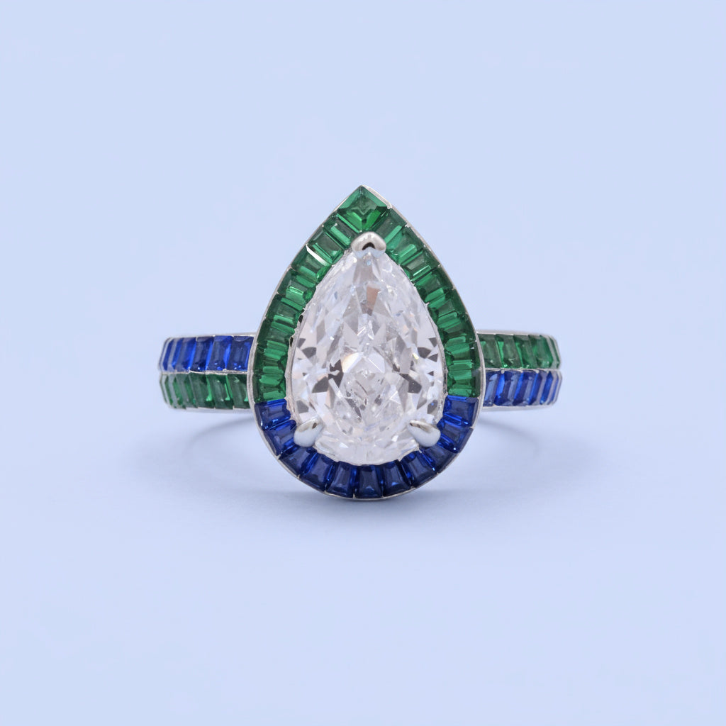 Anillo de Plata .925 Solitario Gota con Zirconias color Verde Esmeralda y Azul Zafiro mod. 1403