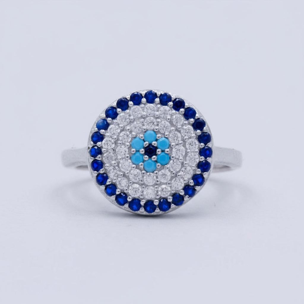 Anillo de Plata .925 con Mandala de Zirconias de Diseño Ojo Turco mod. 1386