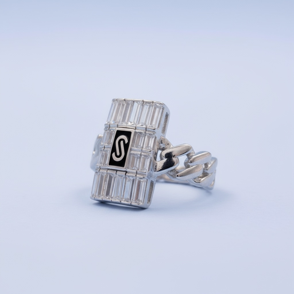 Anillo de Plata .925 de Eslabones Estilo Baguette Blanco con Zirconias Incrustadas mod. 1399