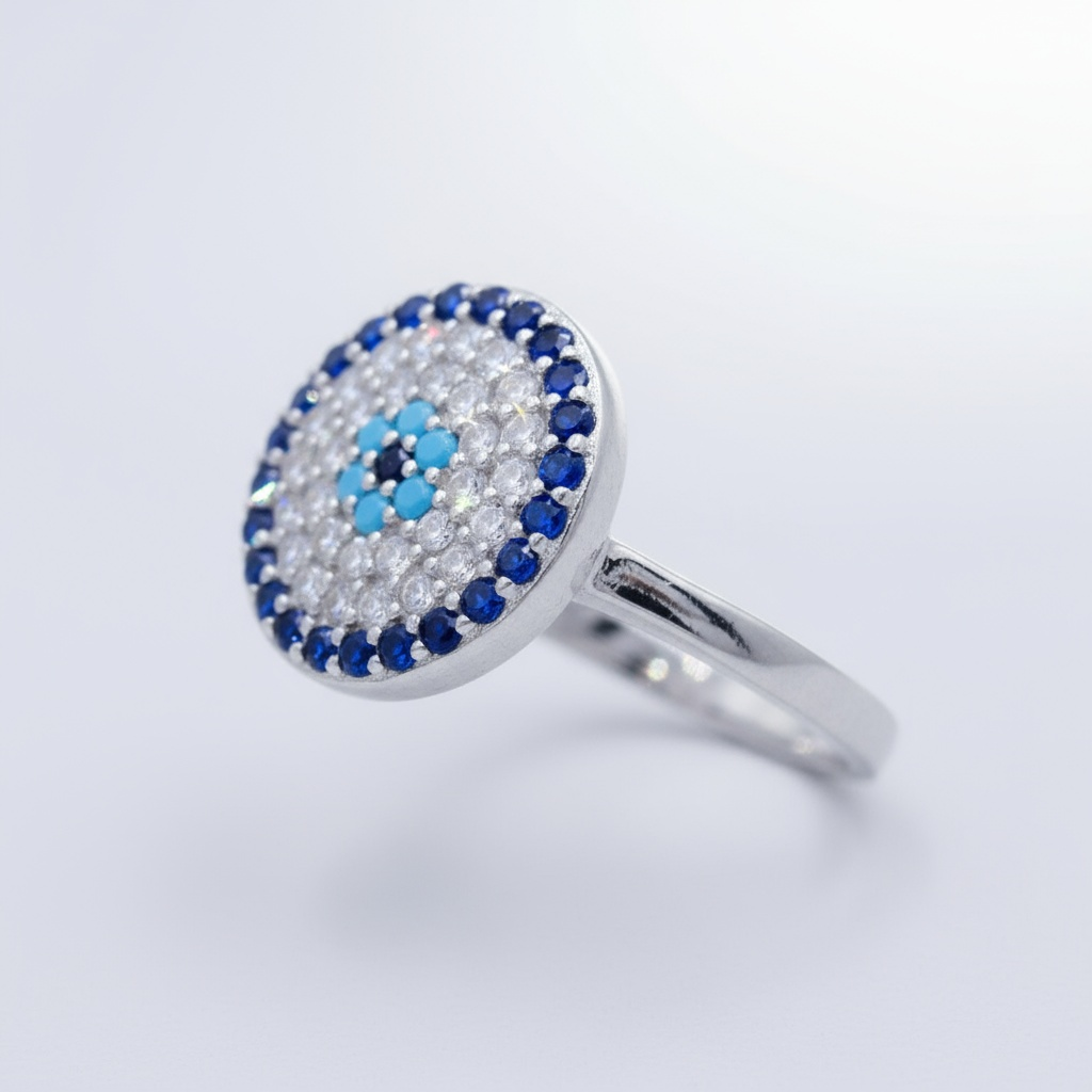 Anillo de Plata .925 con Mandala de Zirconias de Diseño Ojo Turco mod. 1386