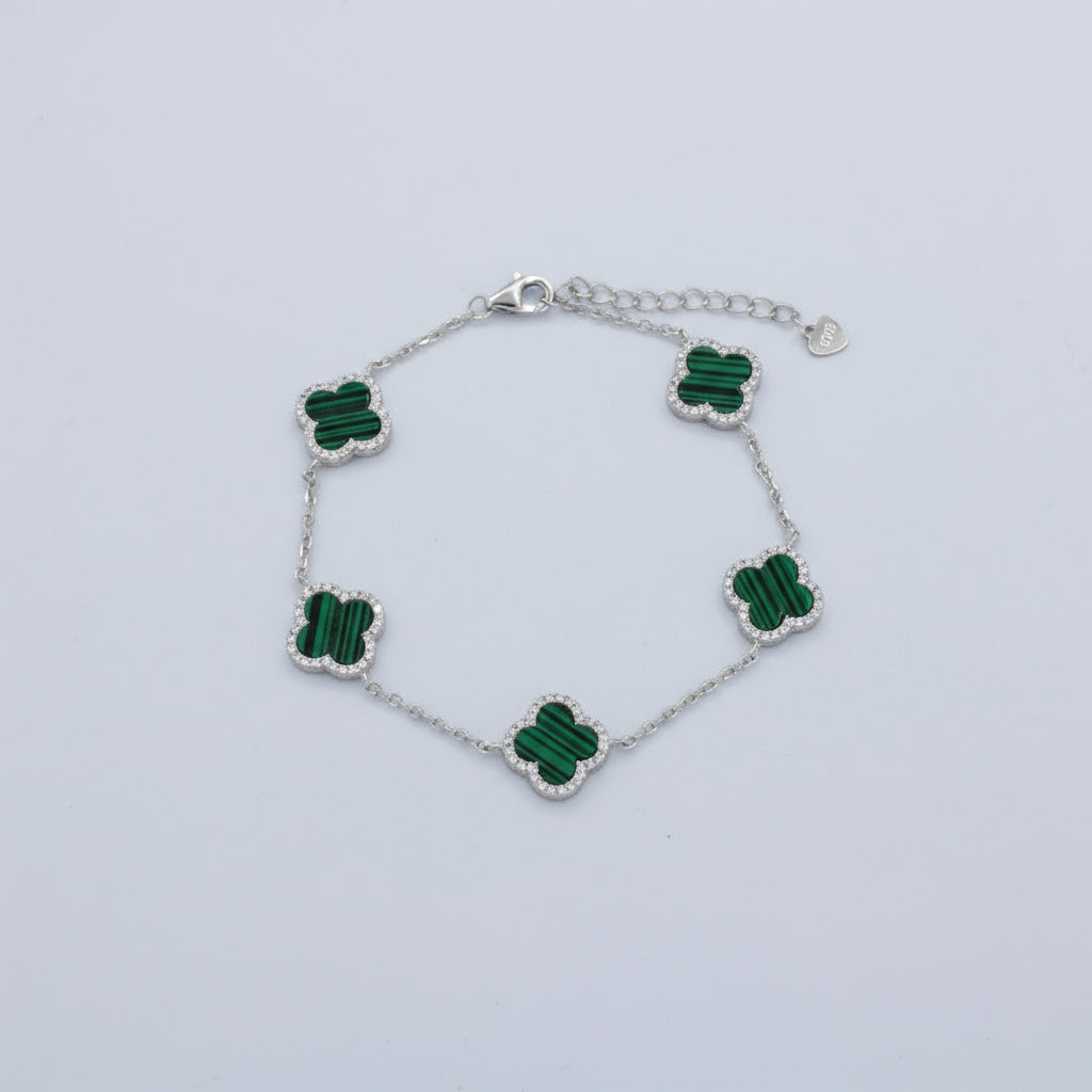Pulsera de Plata .925 Tréboles de Malaquita con Incrustación de Zirconias mod. 1463