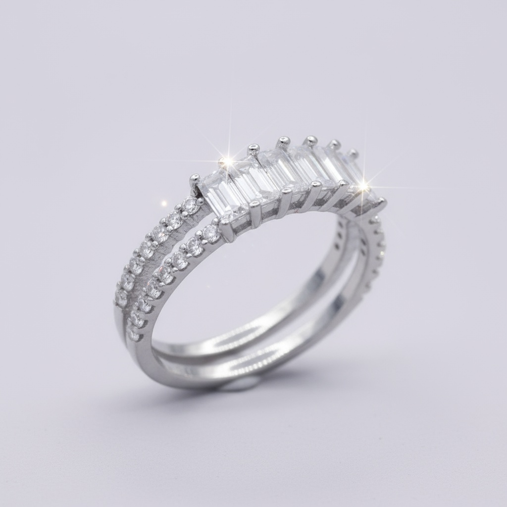 Anillo de Plata .925 Media Churumbela con Zirconias Baguette y Diseño de Doble Línea mod. 1366