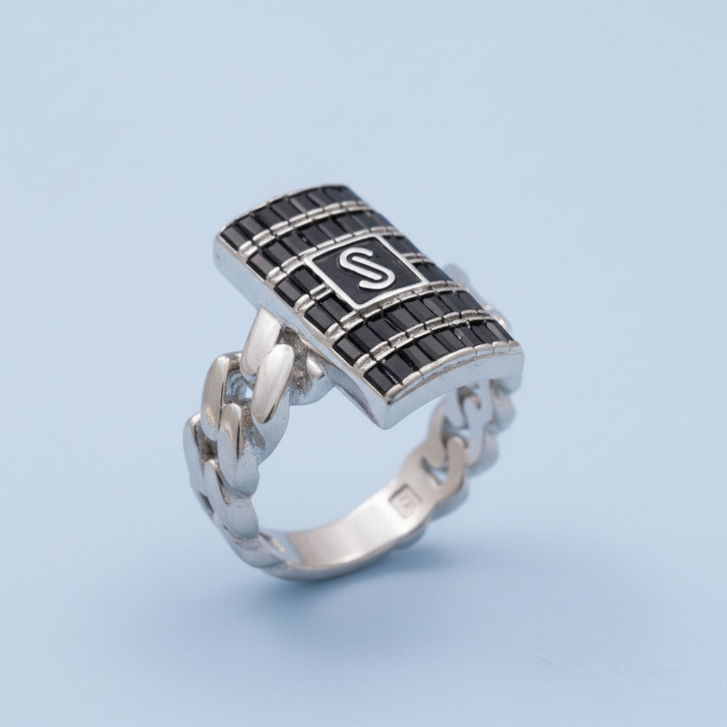 Anillo de Plata .925 de Eslabones Estilo Baguette Negro con Zirconias Incrustadas mod. 1402