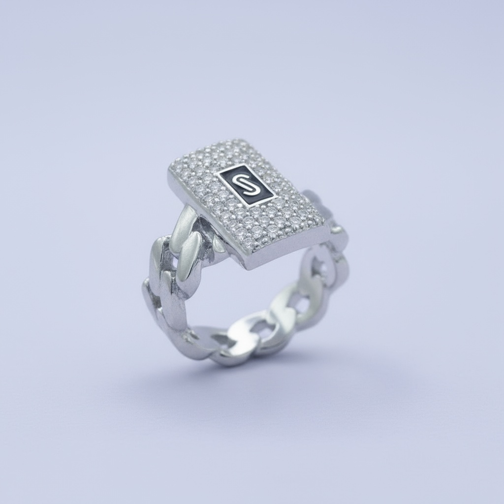 Anillo de Plata .925 Eslabones con Placa de Zirconias Blancas Brillantes mod. 1400