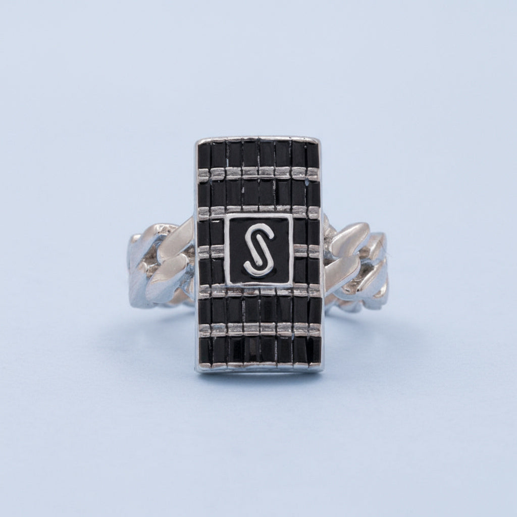 Anillo de Plata .925 de Eslabones Estilo Baguette Negro con Zirconias Incrustadas mod. 1402