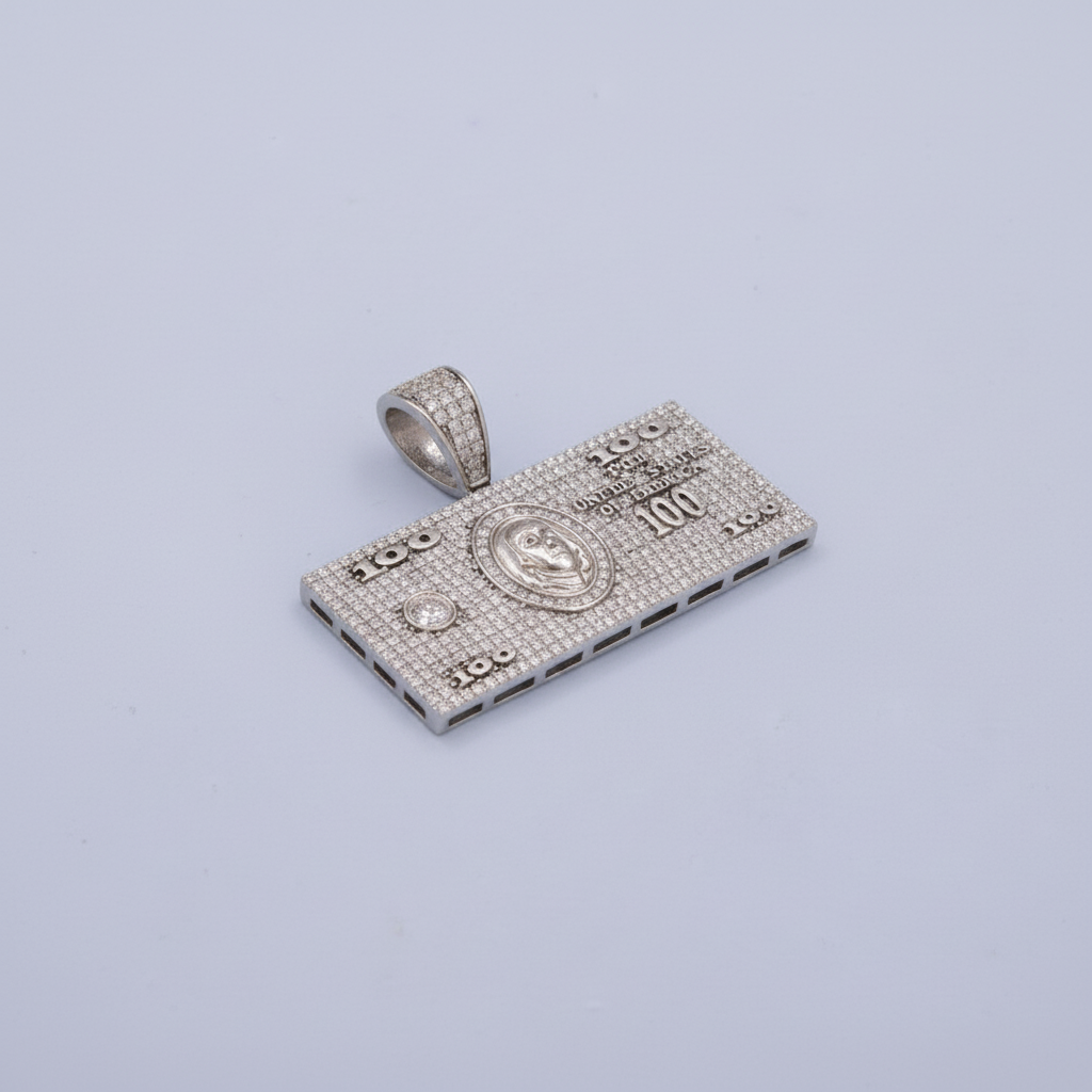 Dije de Plata .925 Especial Billete Dollar 100 con Zirconias Alineadas mod. 1454