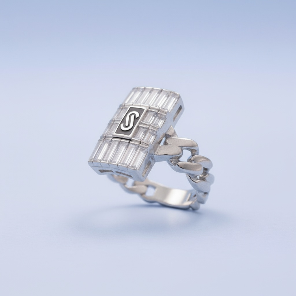 Anillo de Plata .925 de Eslabones Estilo Baguette Blanco con Zirconias Incrustadas mod. 1399