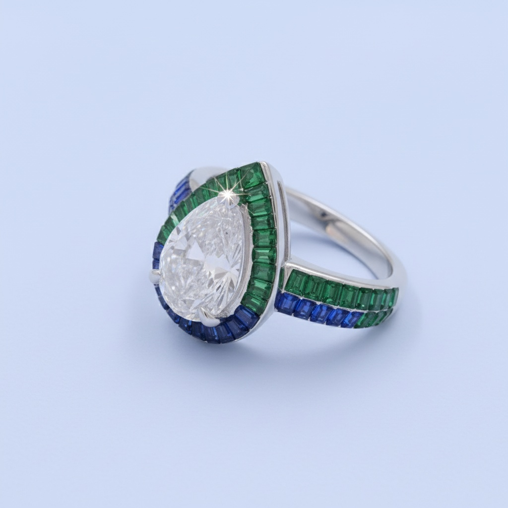 Anillo de Plata .925 Solitario Gota con Zirconias color Verde Esmeralda y Azul Zafiro mod. 1403