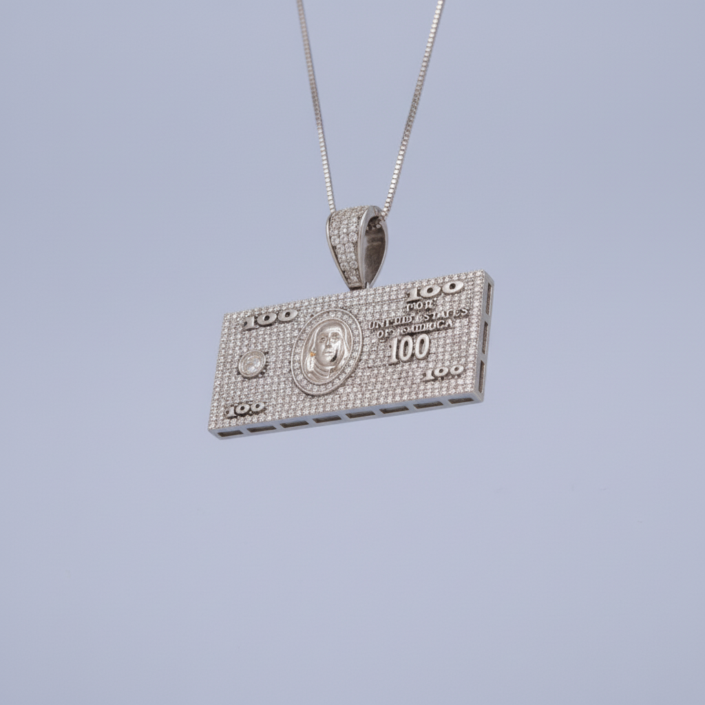 Dije de Plata .925 Especial Billete Dollar 100 con Zirconias Alineadas mod. 1454