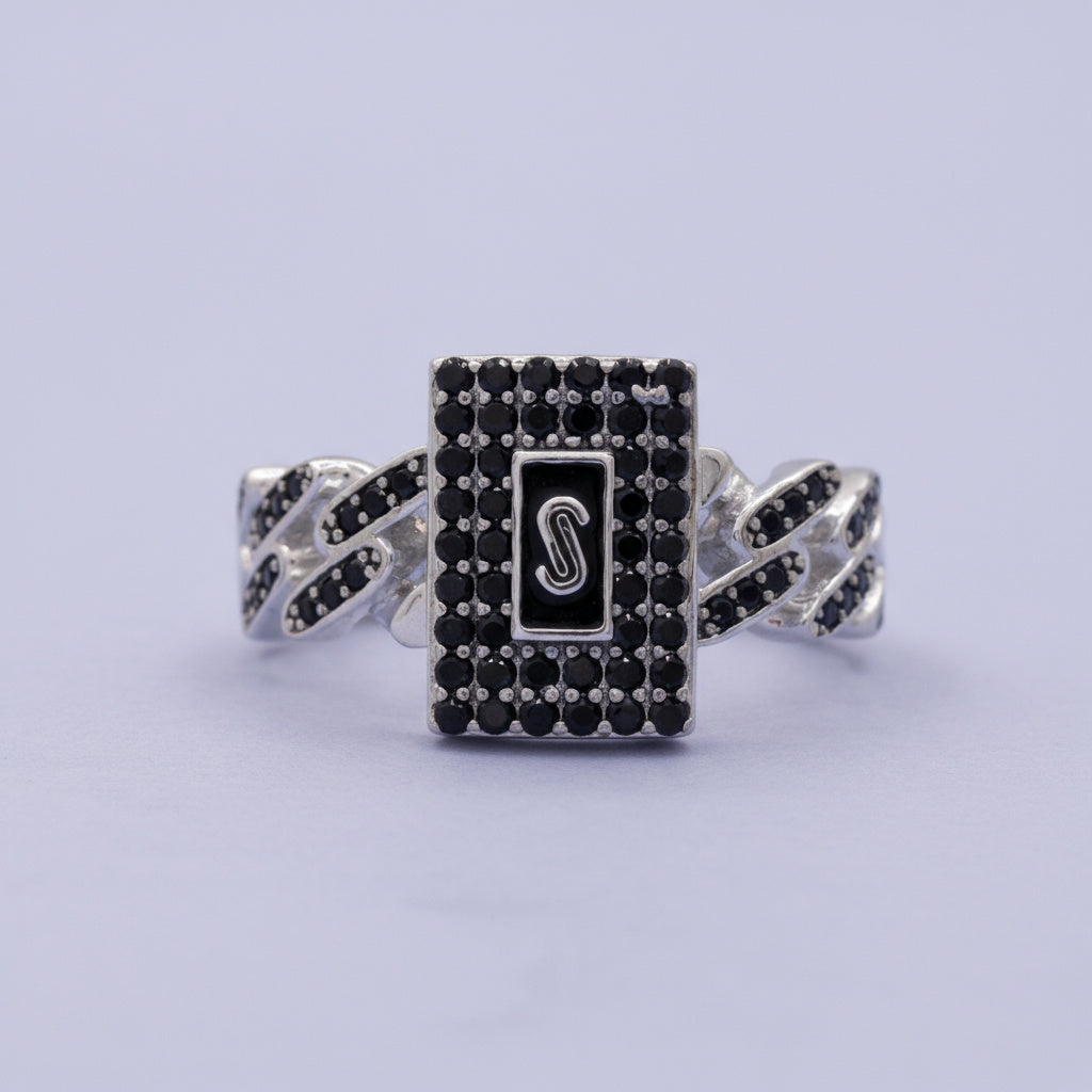 Anillo de Plata .925 Eslabones con Placa de Zirconias Negras Brillantes mod. 1401