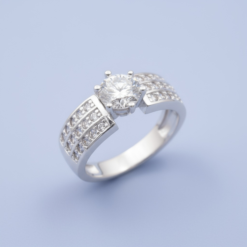 Anillo Solitario de Plata .925 Diseño Grueso Incrustado con Zirconias mod. 1150