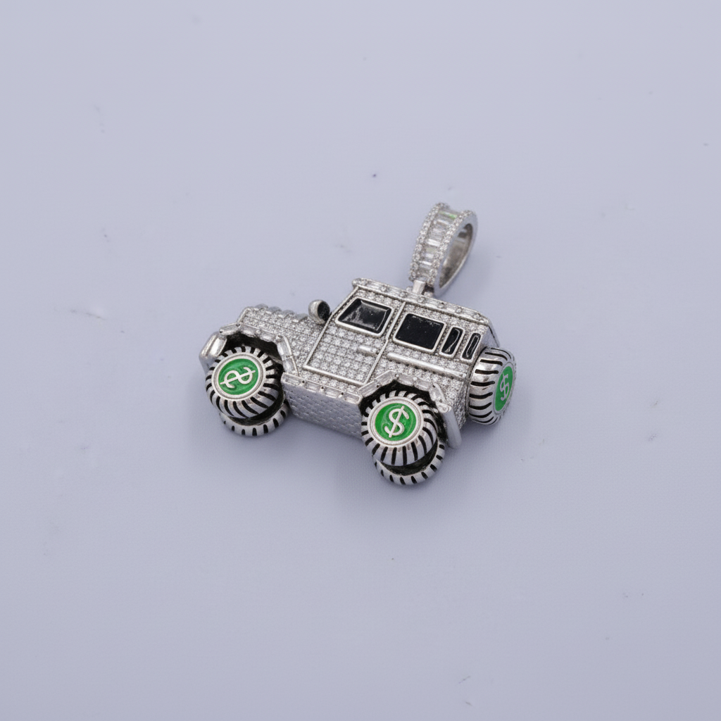 Dije de Plata .925 Especial Diseño de Carro Llantas Giratorias con Zirconias Finas mod. 1458