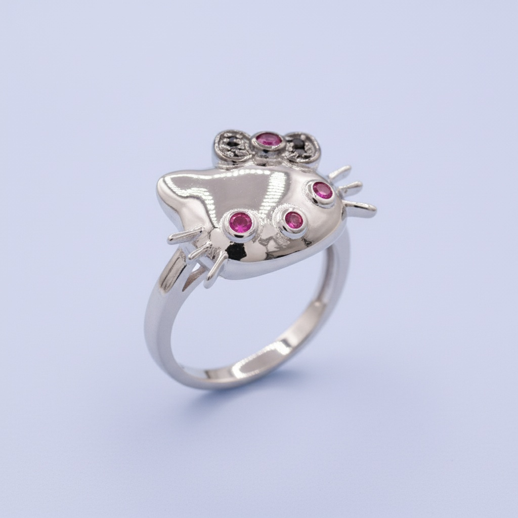 Anillo de Plata .925 Diseño Hello Kitty con Zirconias Brillantes Color Rosa mod. 1396