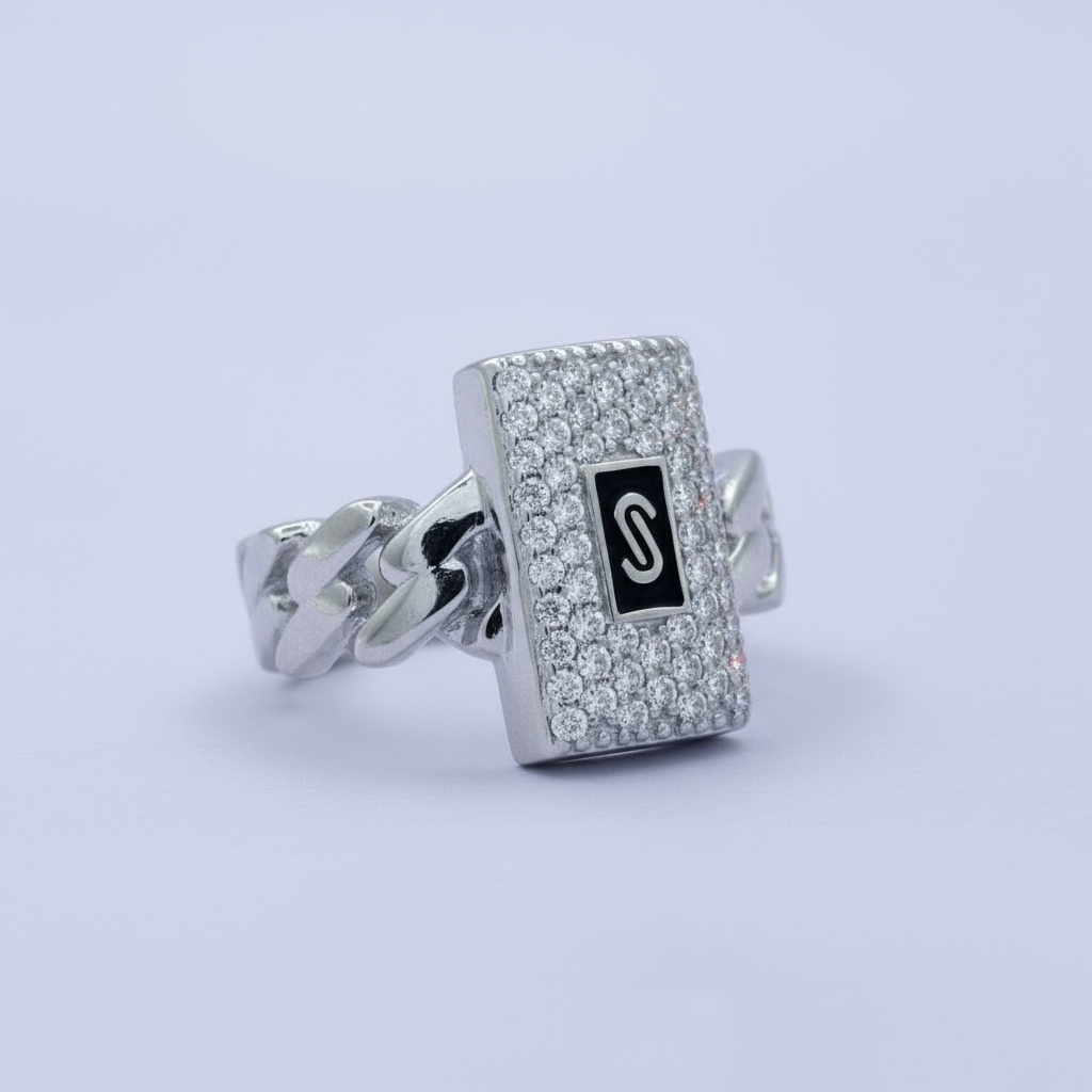 Anillo de Plata .925 Eslabones con Placa de Zirconias Blancas Brillantes mod. 1400