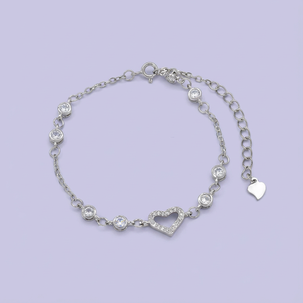 Pulsera de Plata .925 con Diseño de Corazón Incrustado de Zirconias Finas mod. 1645