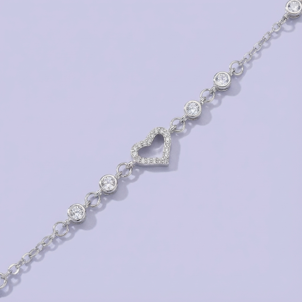 Pulsera de Plata .925 con Diseño de Corazón Incrustado de Zirconias Finas mod. 1645