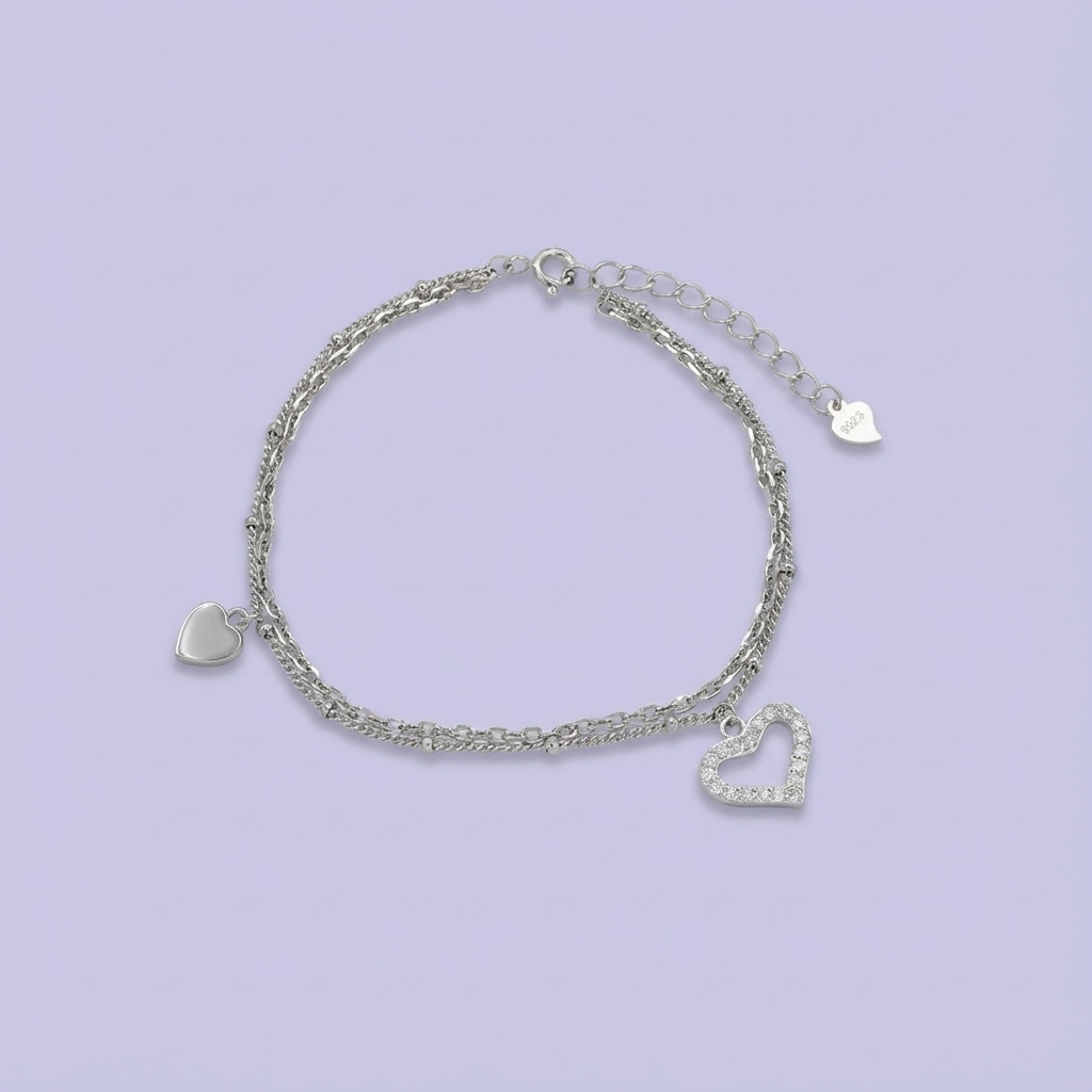 Pulsera de Plata .925 con Colgante de Corazones Incrustado de Zirconias Finas  mod. 1642
