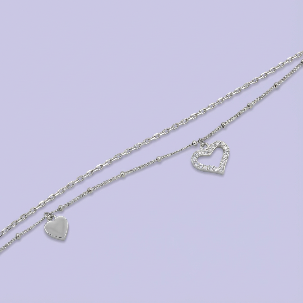 Pulsera de Plata .925 con Colgante de Corazones Incrustado de Zirconias Finas  mod. 1642
