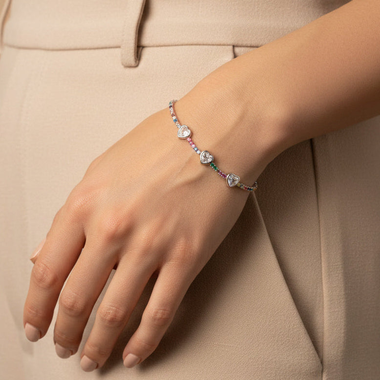 Pulsera de Plata .925 Diseño de Triple Corazón con Incrustado de Zirconias Multicolor mod. 1530