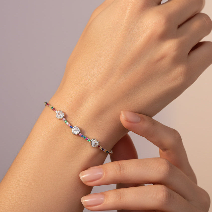 Pulsera de Plata .925 Diseño de Triple Corazón con Incrustado de Zirconias Multicolor mod. 1530