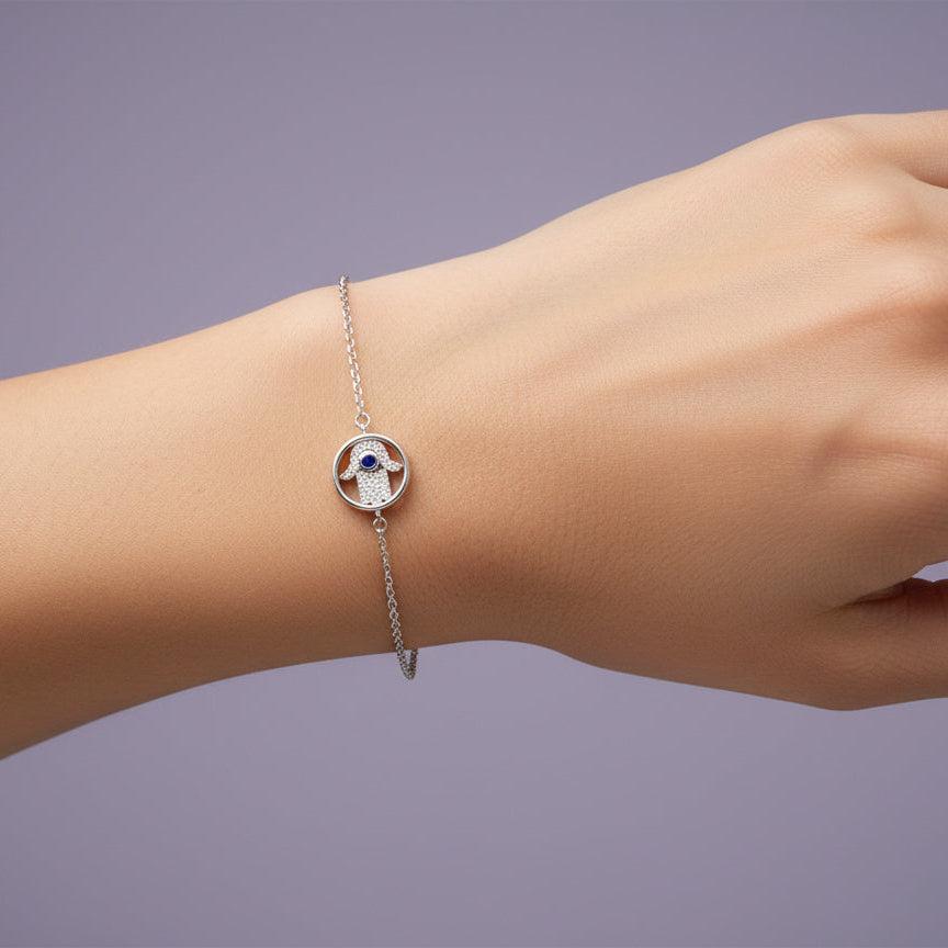 Pulsera de Plata .925 Diseño de Mano de Fátima con Incrustado de Zirconias mod. 1529