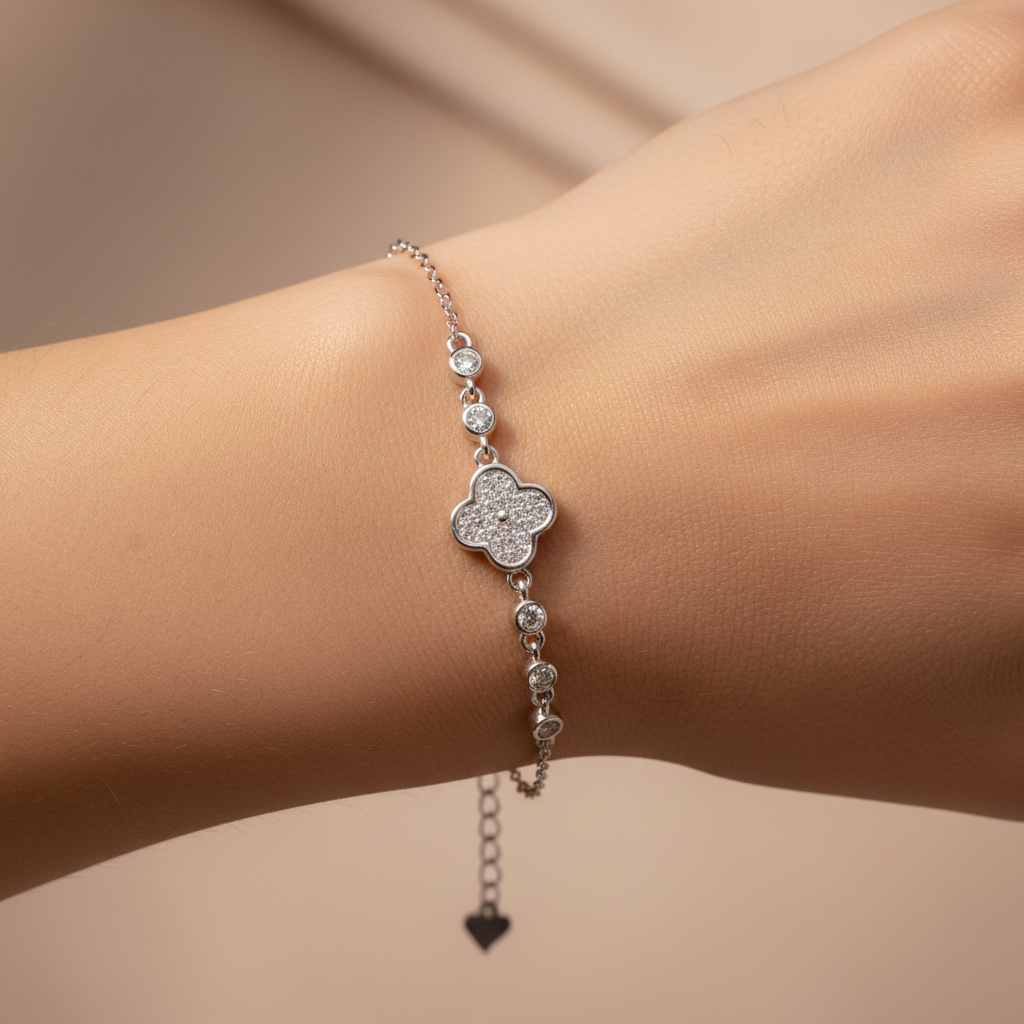 Pulsera de Plata .925 Diseño de Tréboles con Ónix Azul mod. 1041