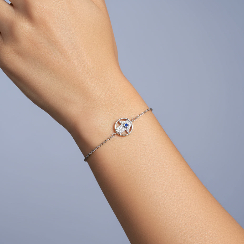 Pulsera de Plata .925 Diseño de Mano de Fátima con Incrustado de Zirconias mod. 1529