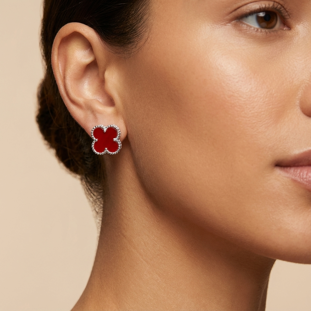 Arete de Plata .925 con Diseño de Trébol con Incrustación de Jaspe mod. 1446