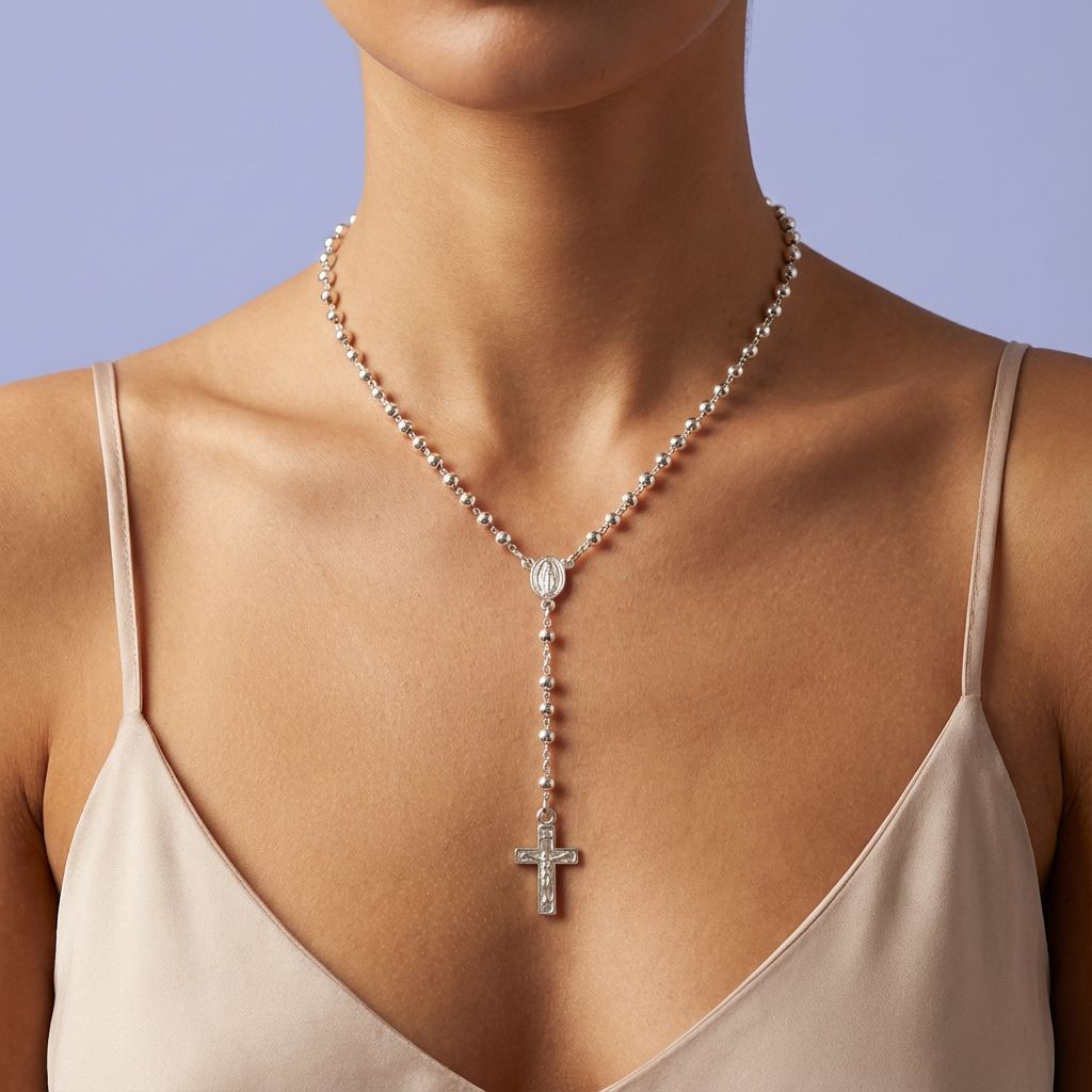 Rosario de Plata .925 de La Virgen de Guadalupe con Cruz Plana mod. 1686