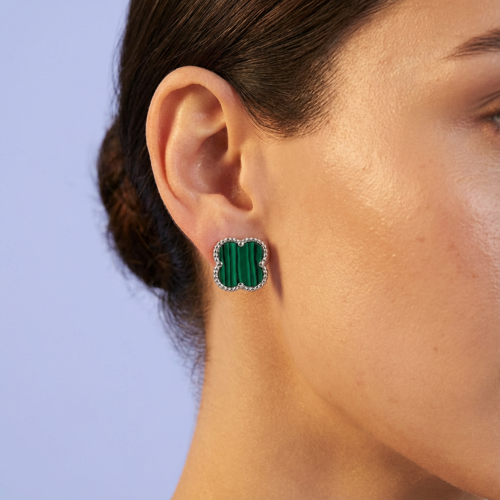 Arete de Plata .925 con Diseño de Trébol con Incrustación de Malaquita mod. 0782