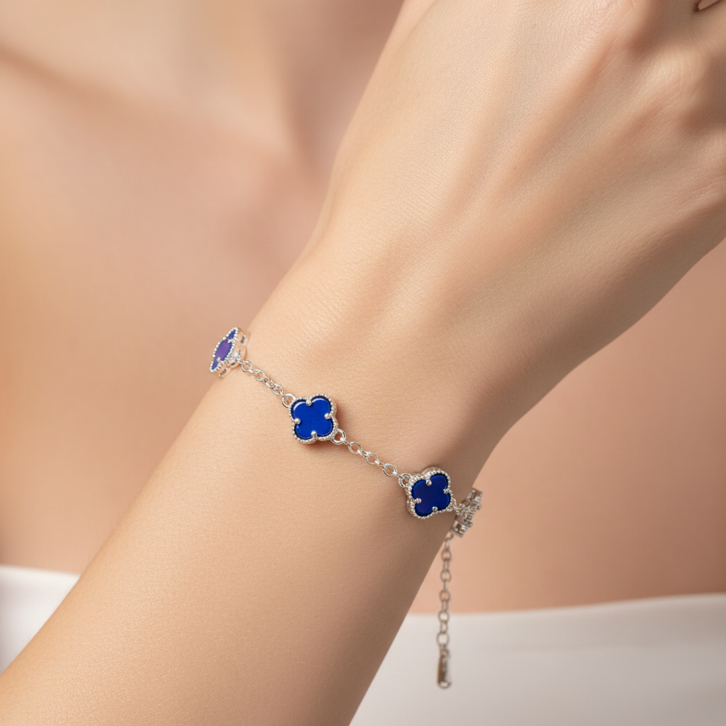 Pulsera de Plata .925 Diseño de Tréboles con Ónix Azul mod. 0977