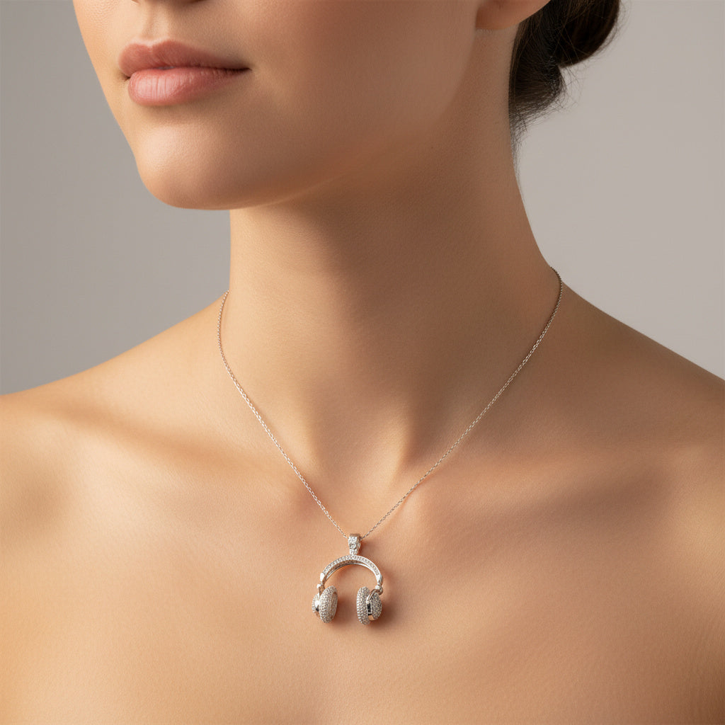 Dije de Plata .925 con Diseño de Audifonos Incrustado de Zirconias mod. 1527