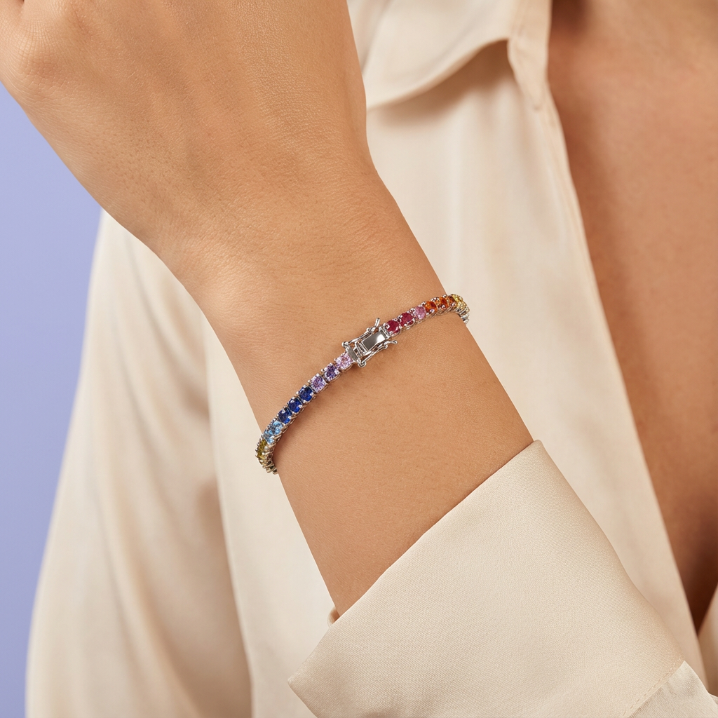 Pulsera de Plata .925 de Diseño de Tenis Incrustado con Zirconias de Colores mod. 1703