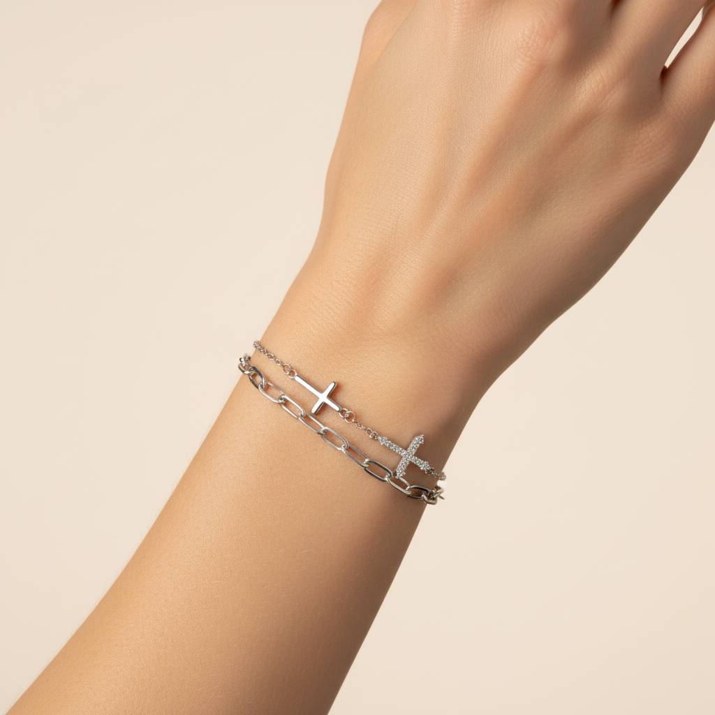 Pulsera de Plata .925 Doble con Cruz Colgante mod. 1553