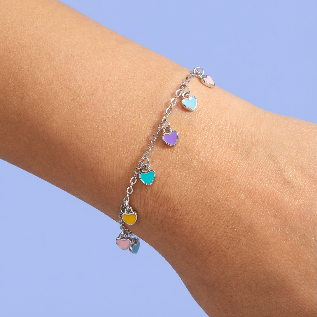 Pulsera de Plata .925 con Colgante de Corazones Multiples de Colores mod. 1647
