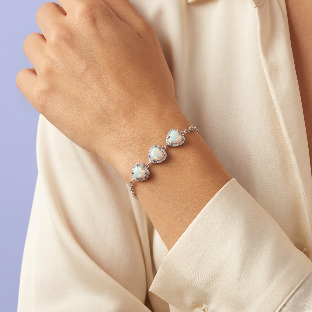 Pulsera de Plata .925 Diseño de Corazones con Incrustaciones de Ópalo mod. 1697