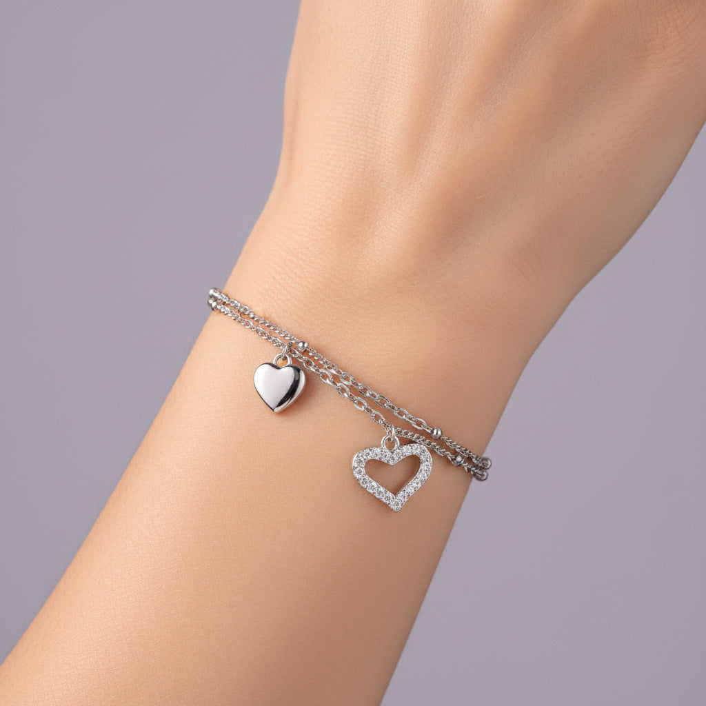 Pulsera de Plata .925 con Colgante de Corazones Incrustado de Zirconias Finas  mod. 1642