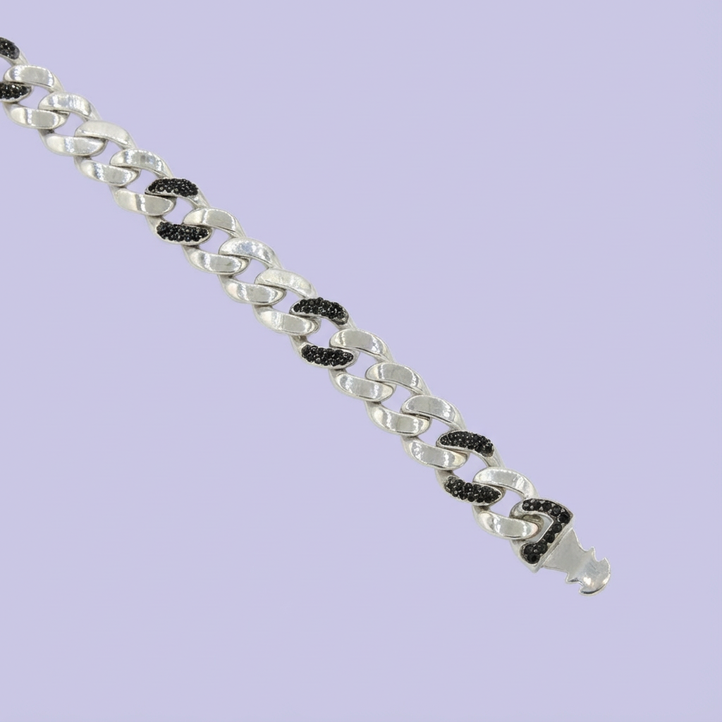Pulsera de Plata .925 de Tejido Cubano Especial Incrustado de Zirconias en Eslabones mod. 1762