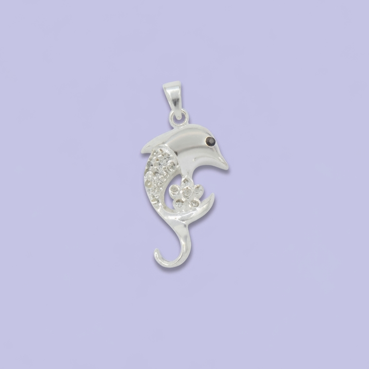 Dije de Plata .925 con Diseño de Delfín con Flor Incrustada de Zirconias Brillantes mod. 1795